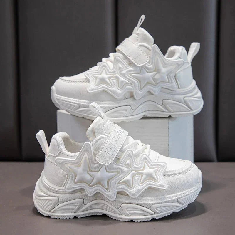 Girls' star running sneakers by SHOWLU FASHION STORE, breathable PU leather shoes with anti-skid soles and stylish star design.