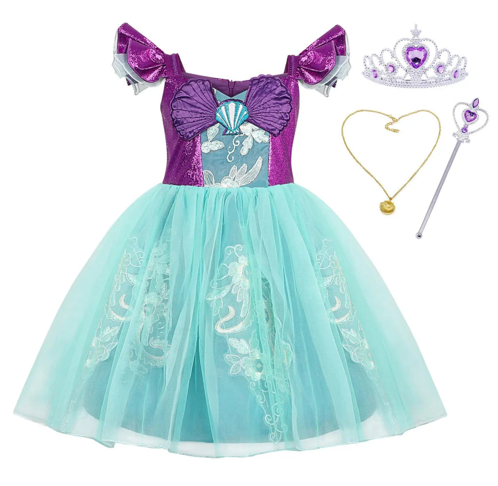 Little Girl wearing Showlu Little Mermaid Princess costume with tutu dress for Halloween or costume party.
