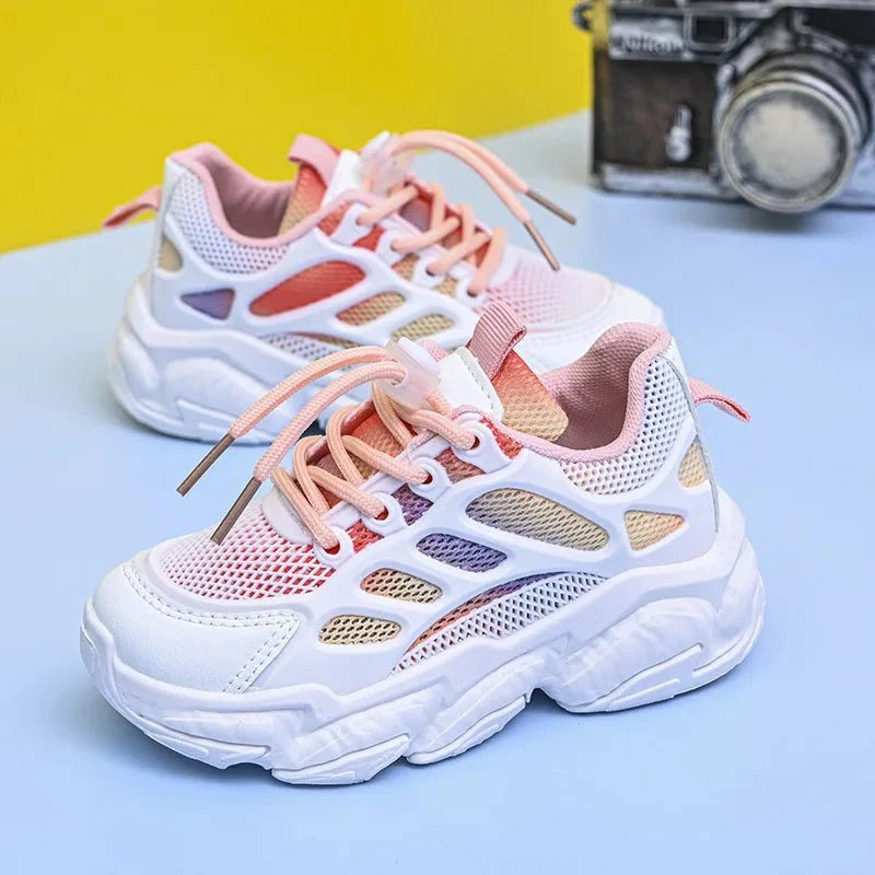 SHOWLU Kids breathable mesh sneakers with anti-slip soft soles, perfect for boys and girls, casual and comfortable footwear.