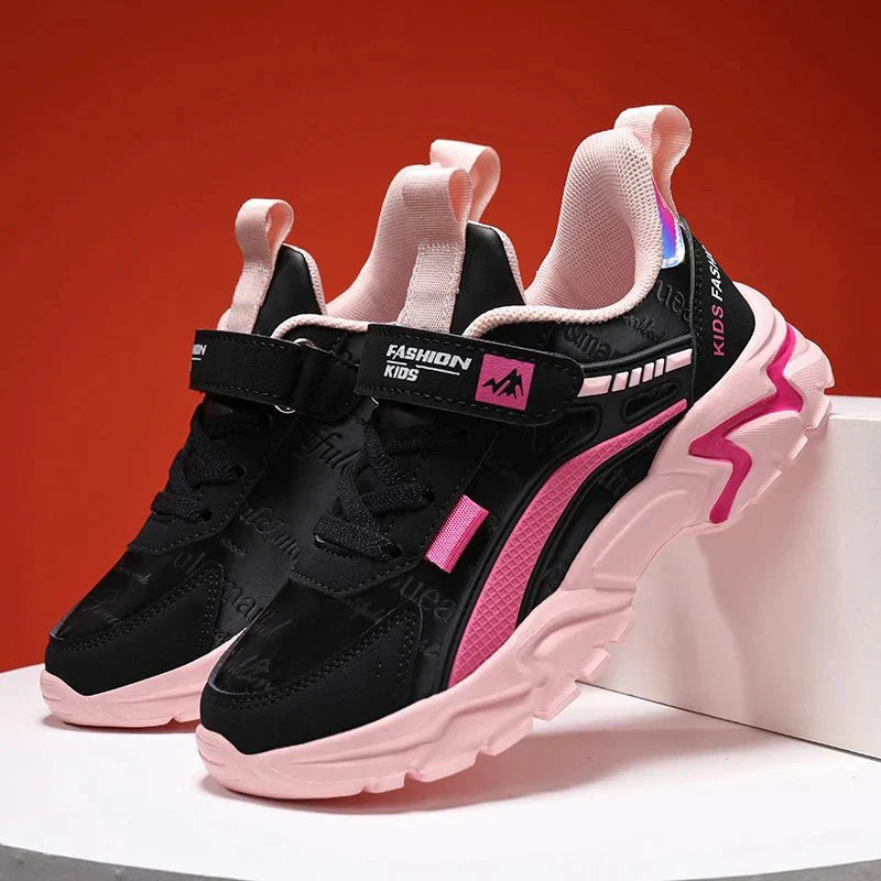 Pink leather girls' sneakers by SHOWLU FASHION STORE, breathable kids' running shoes with comfortable flat soles for casual wear.