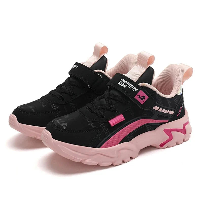 Pink leather girls' sneakers by SHOWLU FASHION STORE, breathable kids' running shoes with comfortable flat soles for active play.