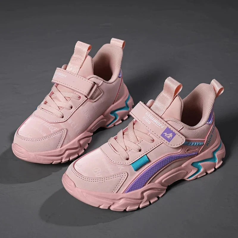 Pink leather girls' sneakers by SHOWLU FASHION STORE, breathable kids' running shoes with comfortable, casual design for active play.