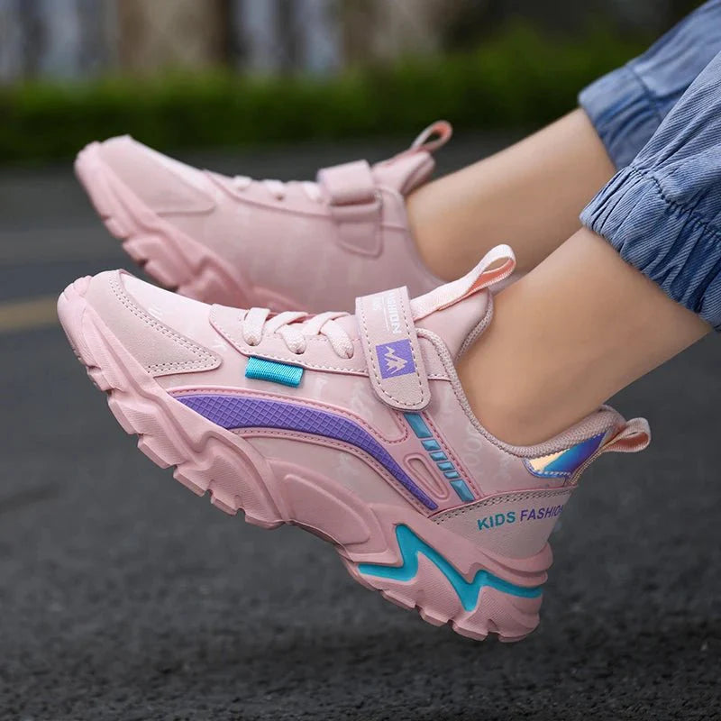 Pink leather girls' sneakers by SHOWLU FASHION STORE, breathable kids running shoes with comfortable flat soles and sporty design.