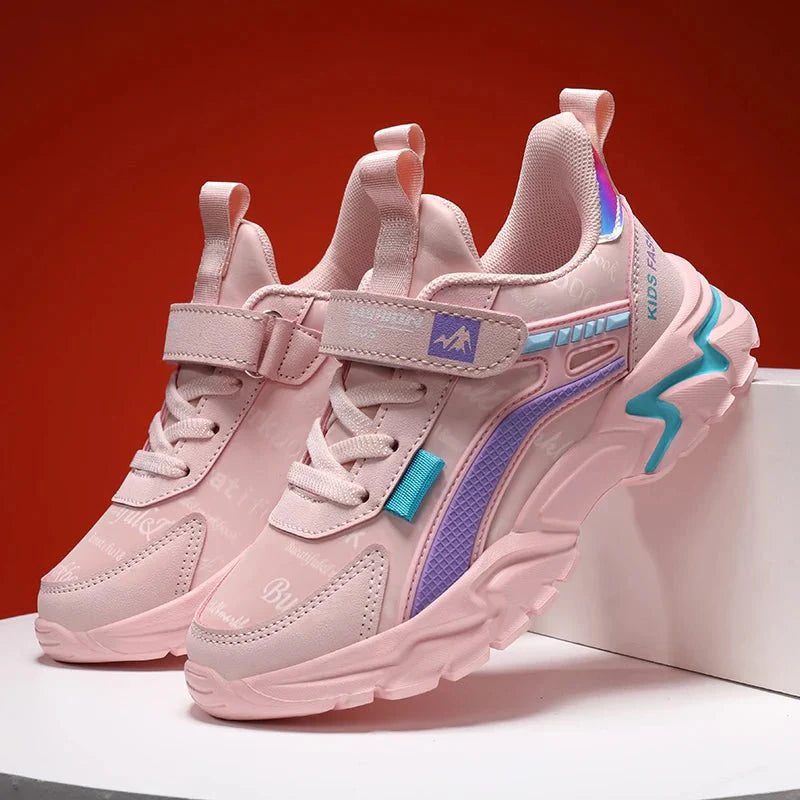 Pink leather girls' sneakers by SHOWLU FASHION STORE, breathable kids' running shoes with comfortable flat soles for active play.