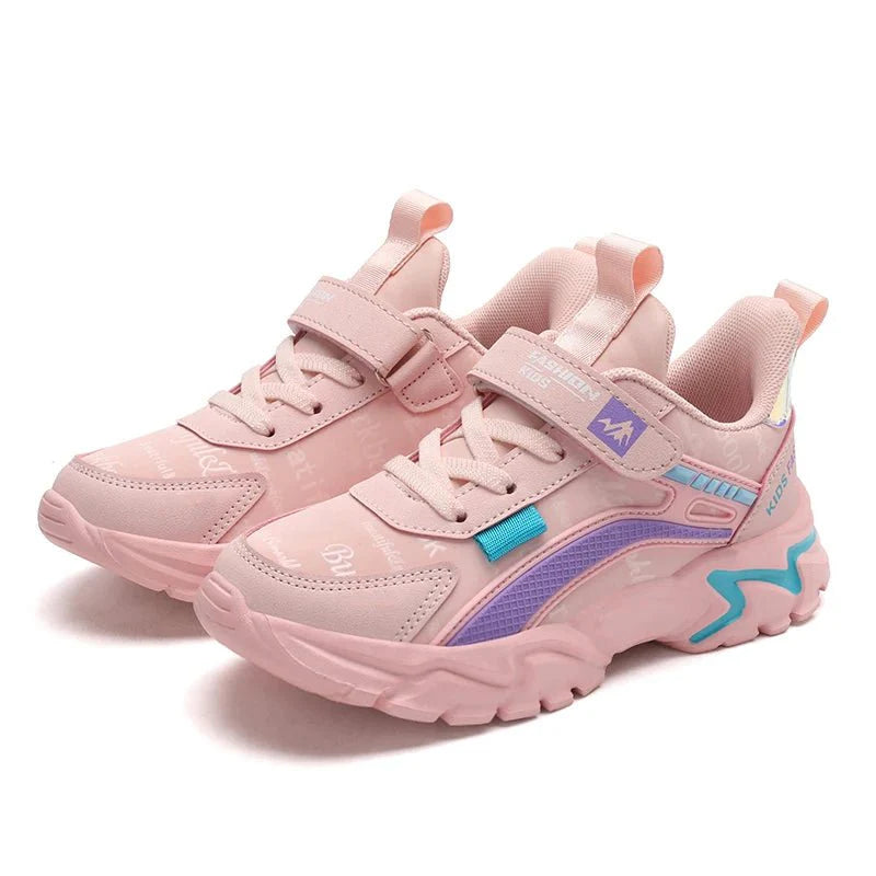 Pink leather girls' sneakers by SHOWLU FASHION, breathable kids' running shoes with comfortable flat soles for casual sports.