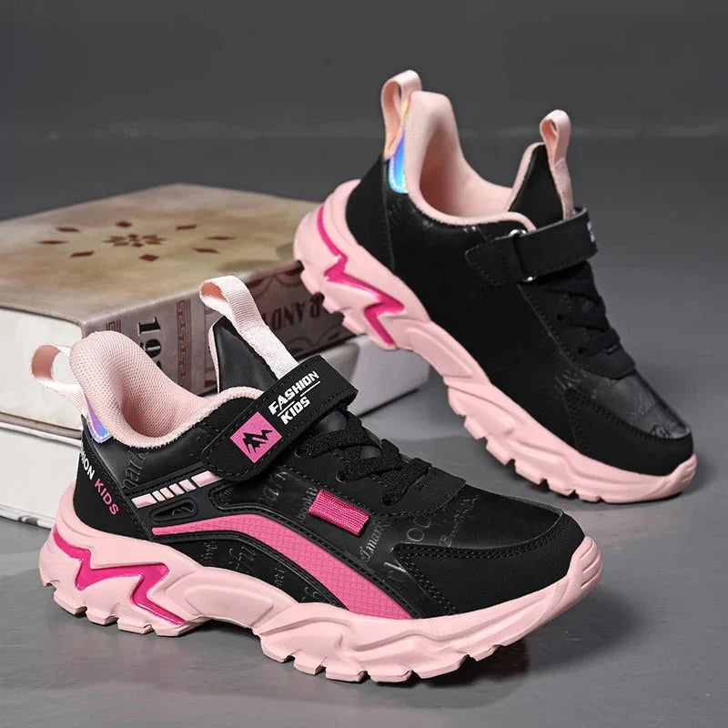 Pink leather girls' sneakers by SHOWLU FASHION STORE, breathable kids running shoes with comfortable flat design for casual sports wear.