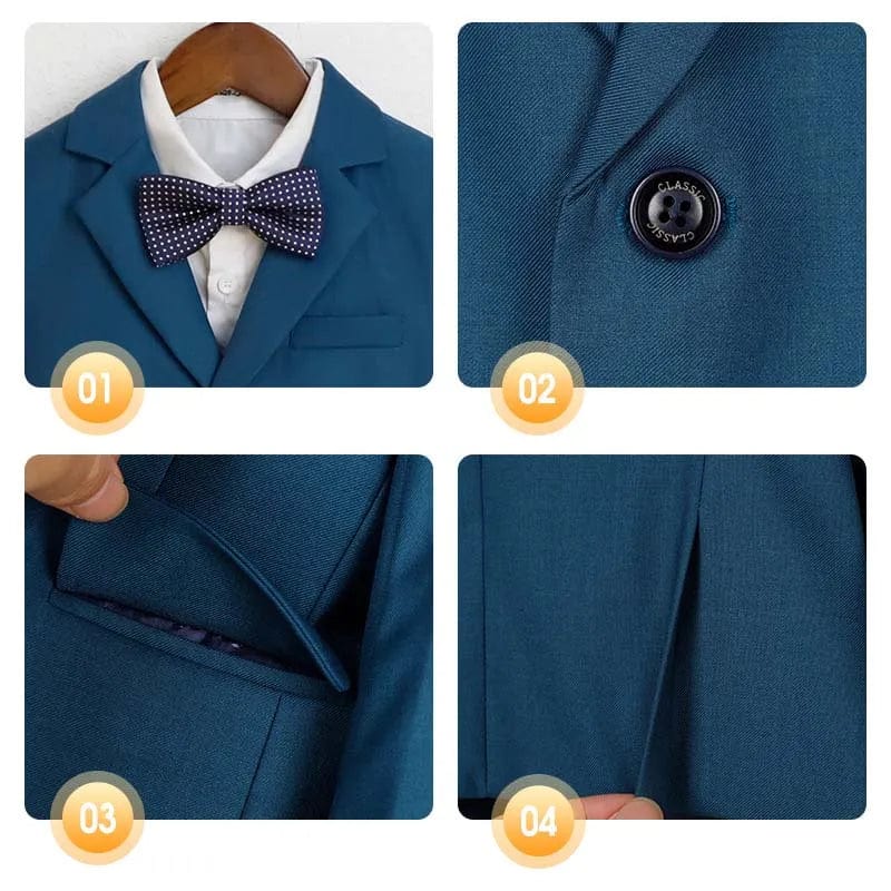Children's white formal suit by LUOBOBEIBEI featuring jacket, vest, pants, and bowtie, ideal for baptism or special occasions.