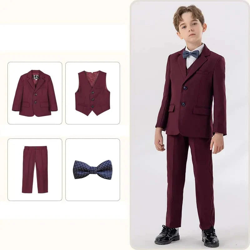 Children's white formal suit by LUOBOBEIBEI with jacket, vest, pants, and bowtie for baptism, wedding, or special occasions.