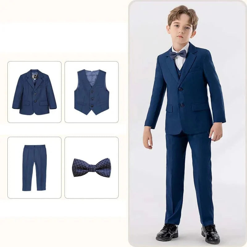 Children's white formal suit by LUOBOBEIBEI, including jacket, vest, pants, and bowtie, suitable for baptism and special occasions.