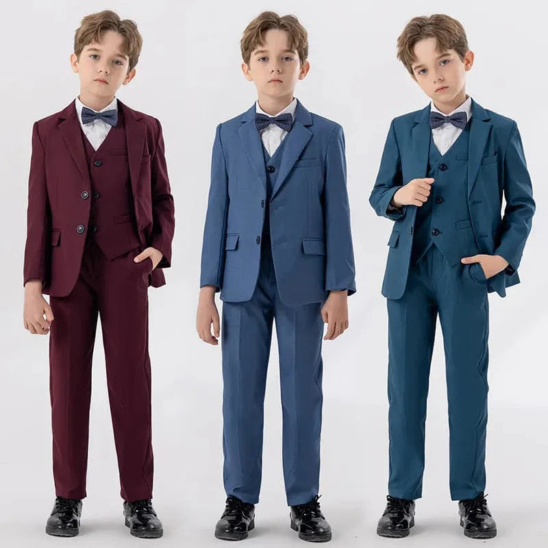 Children's white formal suit by LUOBOBEIBEI, includes jacket, vest, pants, and bowtie for boys' baptism or special occasions.
