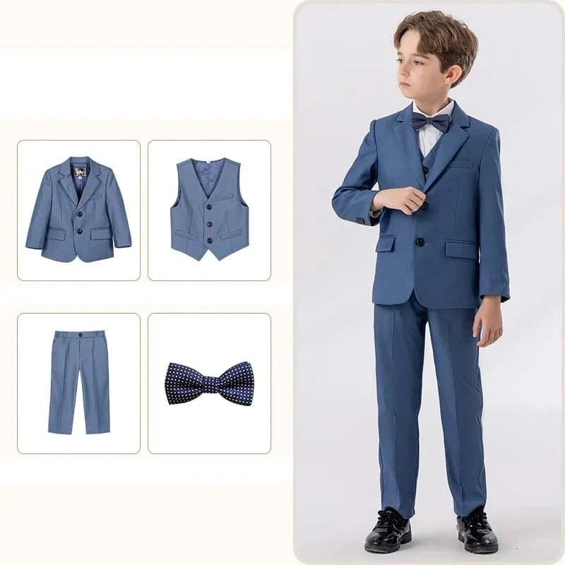 Children's white formal suit for boys, includes jacket, vest, pants, and bowtie, ideal for baptism, ceremony, or special occasions.