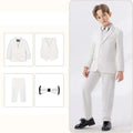 Children's white formal suit by Showlu Fashion with jacket, vest, pants, and bowtie, perfect for baptism, ceremonies, or performances.