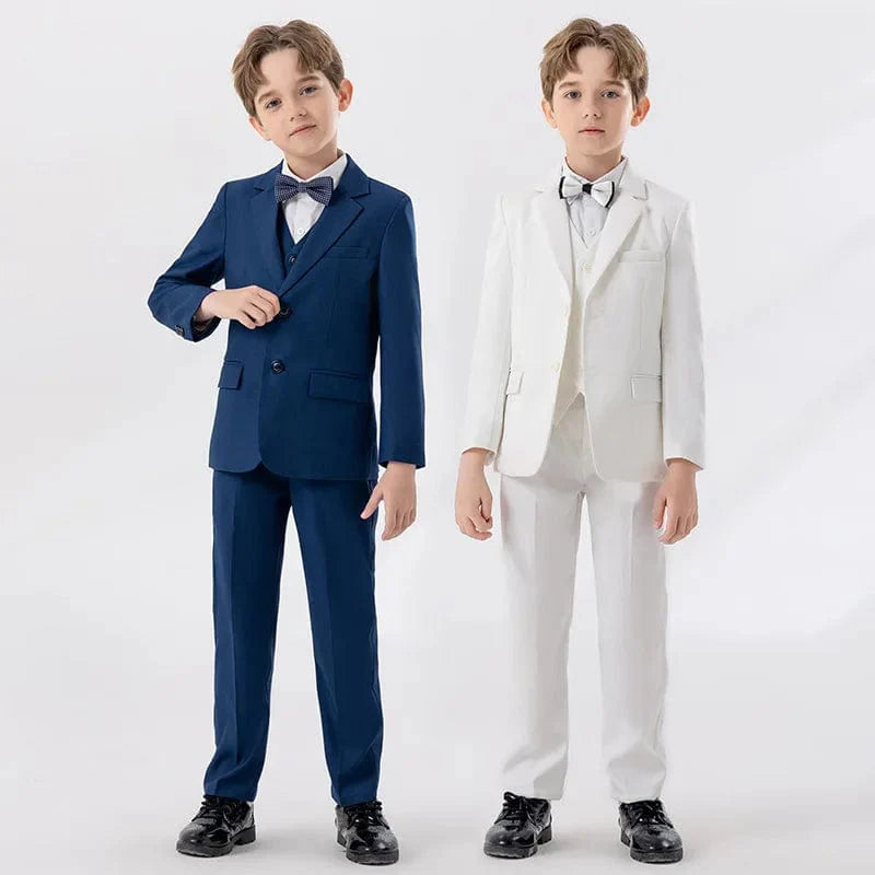 Children's white formal suit by LUOBOBEIBEI with jacket, vest, pants, and bowtie, perfect for baptism or special ceremonies.