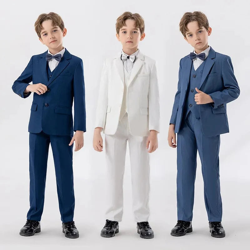 Children's white formal suit by LUOBOBEIBEI with jacket, vest, pants, and bowtie, ideal for baptism, ceremony, or performance.