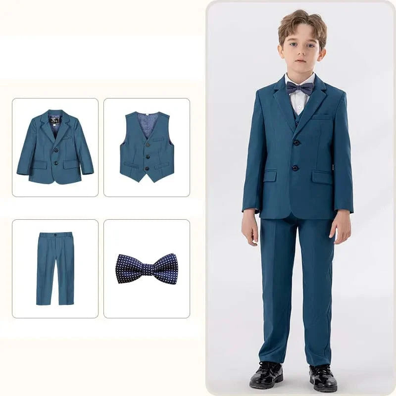 Children's white formal suit with jacket, vest, pants, and bowtie for boys' baptism or special occasions.
