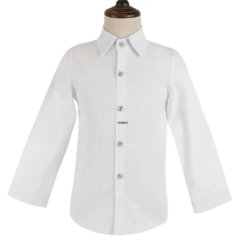 Children's white formal suit for boys, includes jacket, vest, pants, and bowtie, ideal for baptism, ceremonies, or performances.