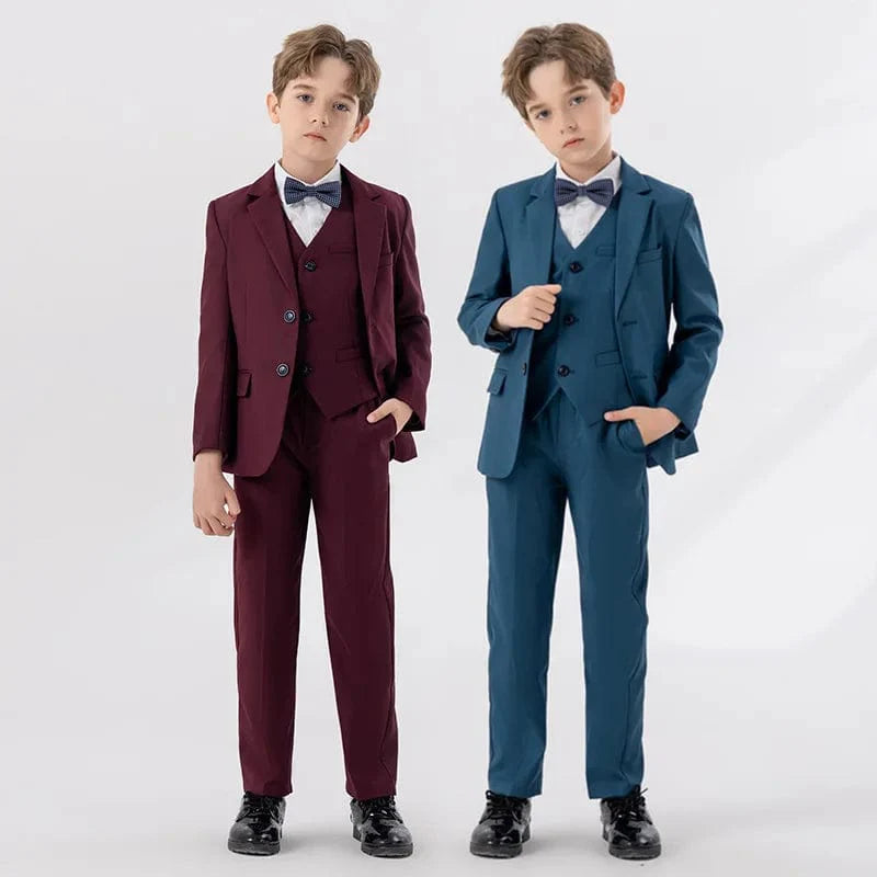 Children's white formal suit by LUOBOBEIBEI, including jacket, vest, pants, and bowtie for boys' baptism or special events.