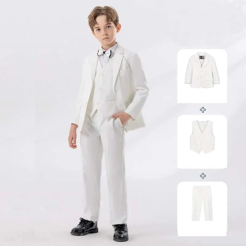 Children's white formal suit by LUOBOBEIBEI, includes jacket, vest, pants, and bowtie, perfect for baptism or special occasions.