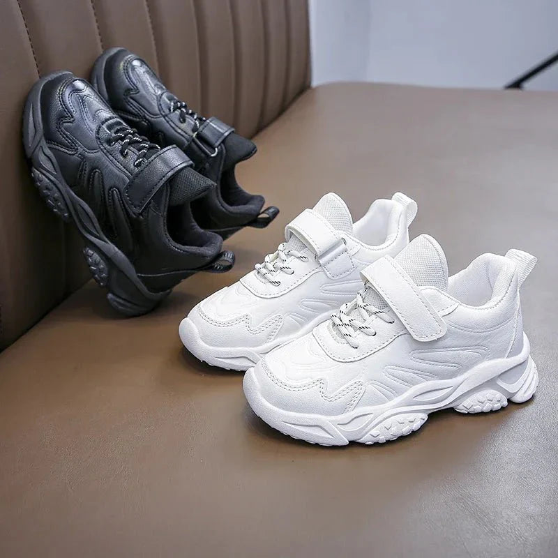 Kids white running shoes by SHOWLU FASHION STORE, breathable PU leather sneakers for boys and girls, comfortable school and sports footwear.