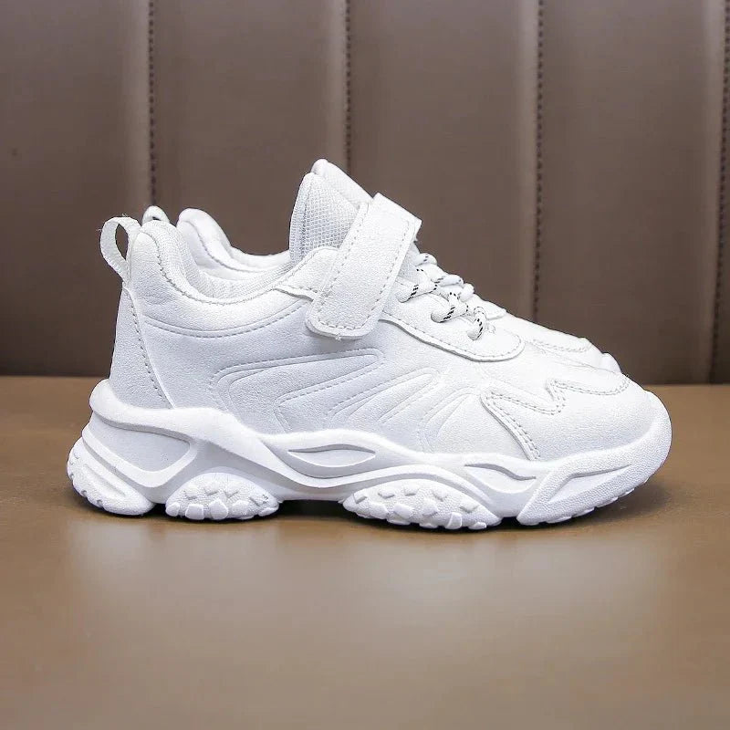 Kids white running shoes by SHOWLU FASHION STORE featuring breathable PU leather, soft comfort, and sporty style for boys and girls.