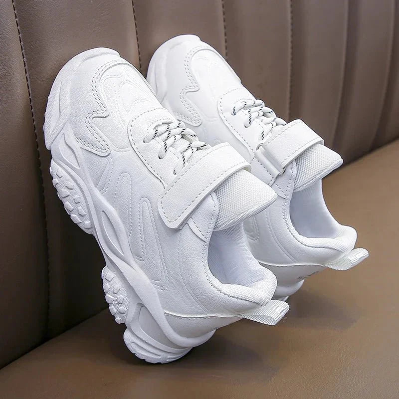 Kids white running shoes by SHOWLU FASHION STORE, breathable PU leather sneakers for boys and girls, comfortable school and sports footwear.
