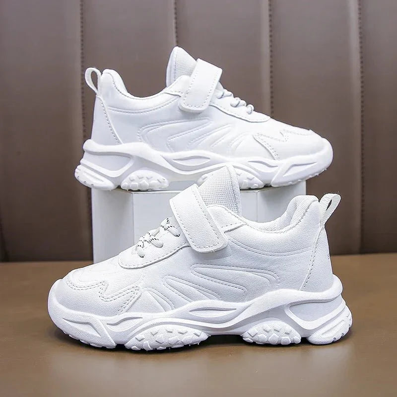 Kids white running shoes by SHOWLU FASHION STORE, breathable PU leather sneakers for boys and girls, comfortable school and sports footwear.