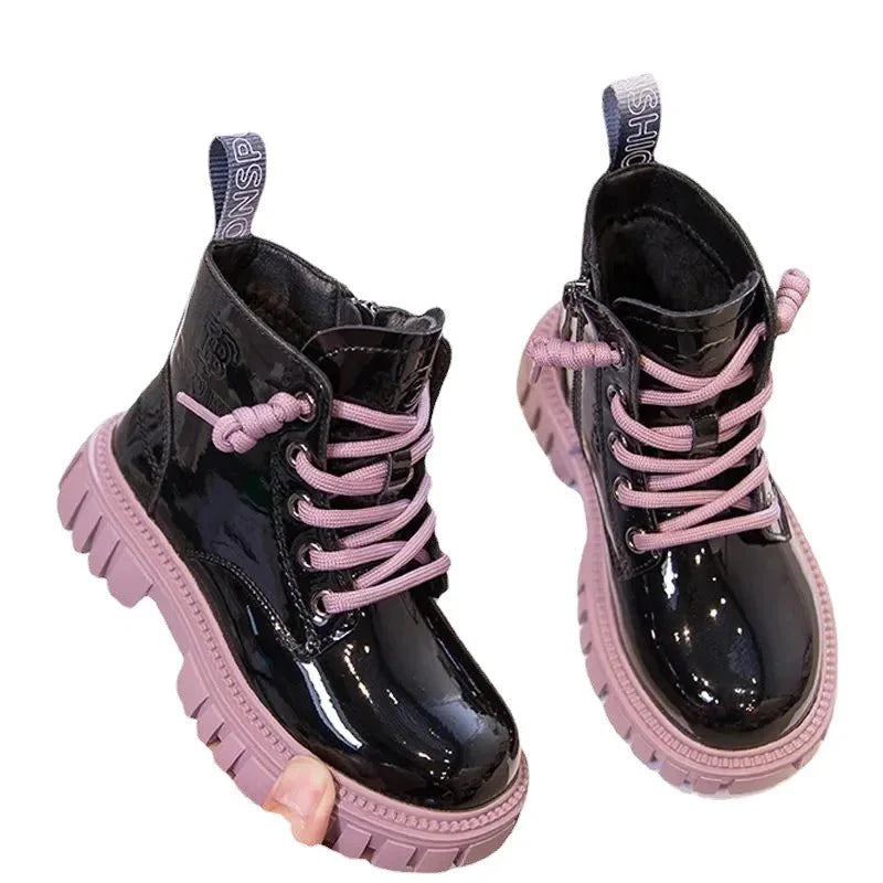 Children's shiny black ankle boots by Showlu Fashion, unisex PU leather short boots for boys and girls, stylish and durable footwear.