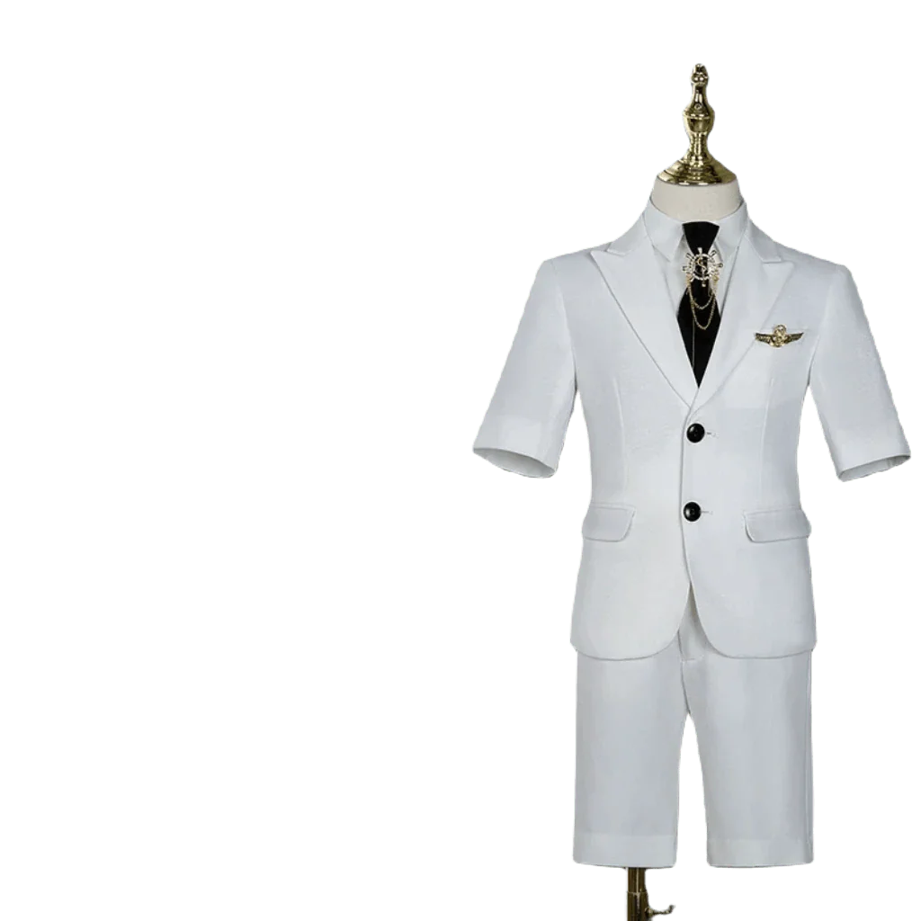 Silver Manqi boys' white short-sleeved summer suit for piano performance, featuring a stylish design for children's events.