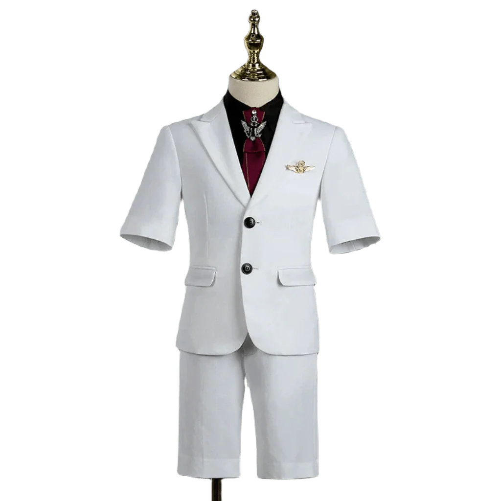 Silver Manqi boys' white short-sleeved summer suit for piano performances, featuring a stylish design for children's formal events.