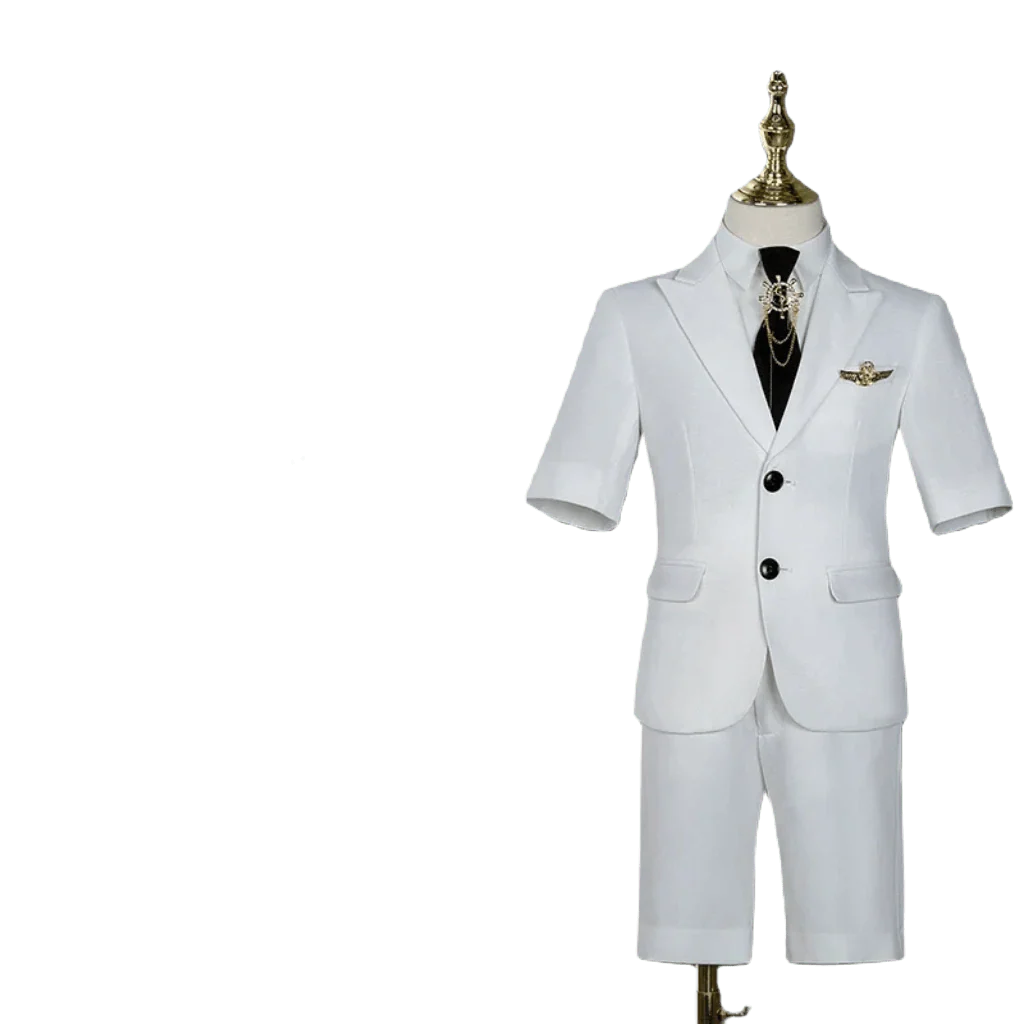 Silver Manqi boys' white short-sleeved summer suit for piano performance, featuring a stylish design with a floral detail.