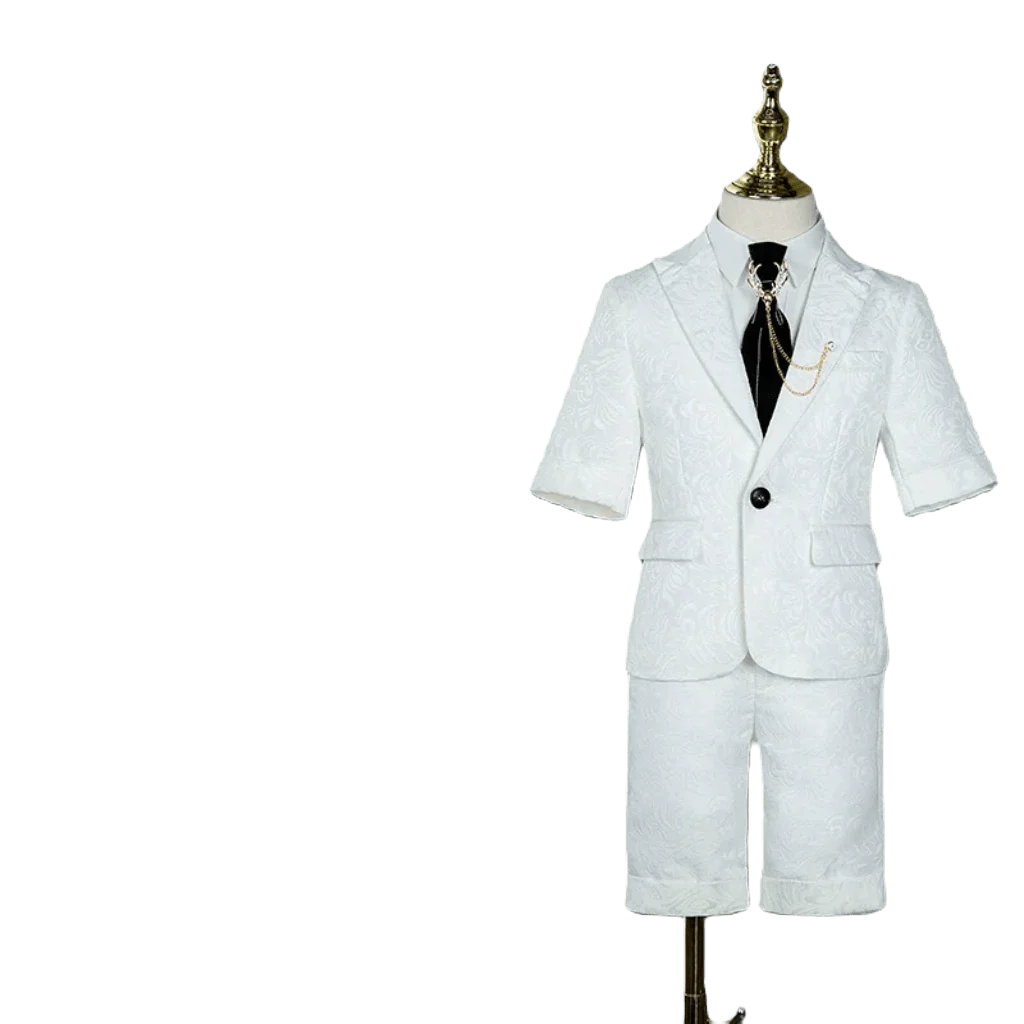 Silver Manqi boys' white short-sleeved summer suit for piano performance, featuring a stylish design for children's formal wear.