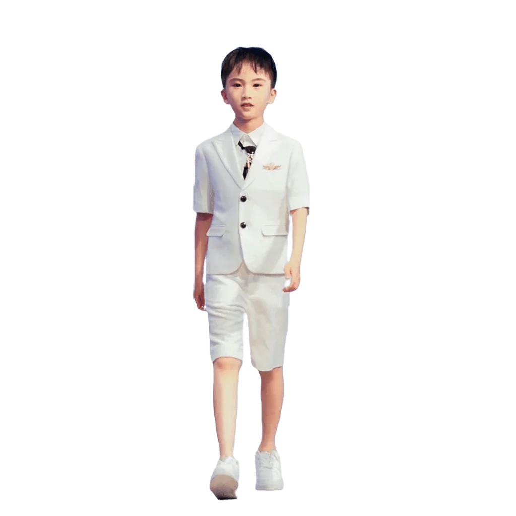 Silver Manqi boys' white short-sleeved summer suit for piano performance, featuring a stylish design for children's formal occasions.