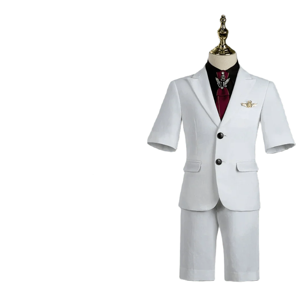 Silver Manqi boys' white short-sleeved summer suit for piano performance, children's formal attire with floral details.