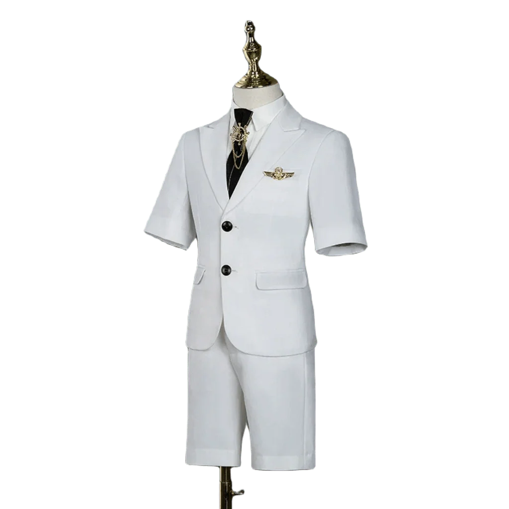 Silver Manqi boys' white short-sleeved summer suit, perfect for piano performances and special occasions.