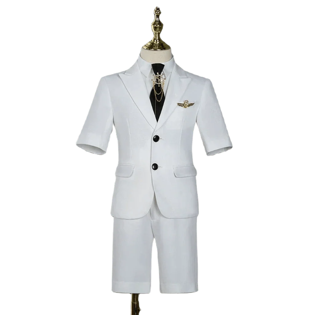 Silver Manqi boys' white short-sleeved summer suit for piano performance, featuring a stylish design for children's formal occasions.
