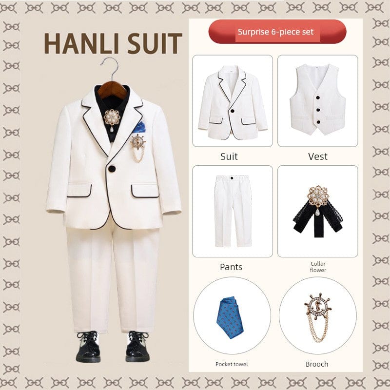 Child wearing Hanlin Piglet British Style Children's Suit as a handsome host costume, featuring a tailored jacket and bow tie.