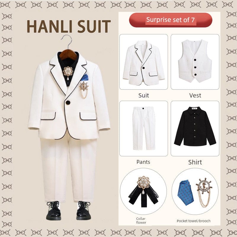 Children's British style piglet costume featuring a handsome host suit with jacket, vest, and bow tie, perfect for kids' dress-up.