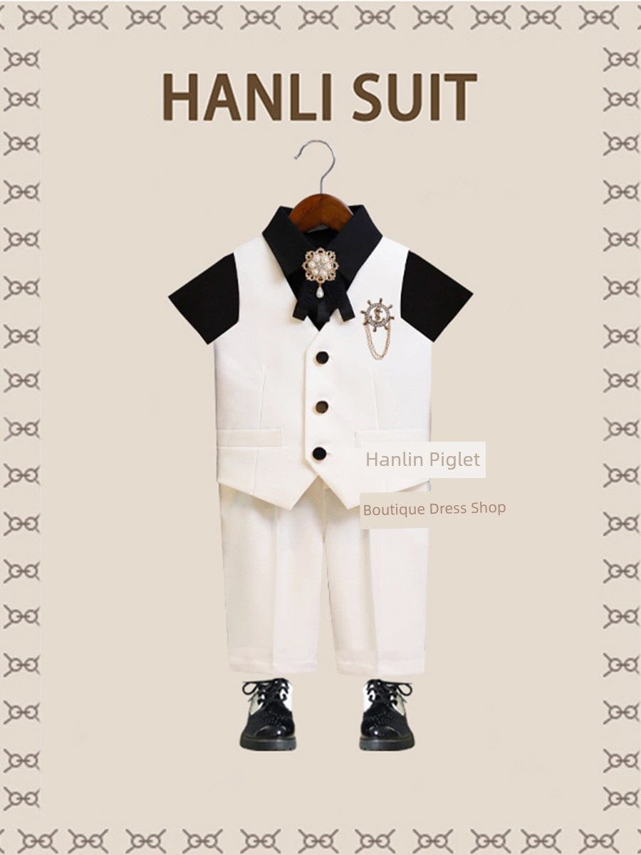 Children's British style Piglet suit by Showlu Fashion, featuring a handsome host costume for kids, with detailed costume elements.