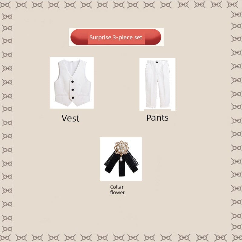 Children's British style suit by Hanlin Piglet, featuring a handsome host costume with a jacket, waistcoat, and bow tie.