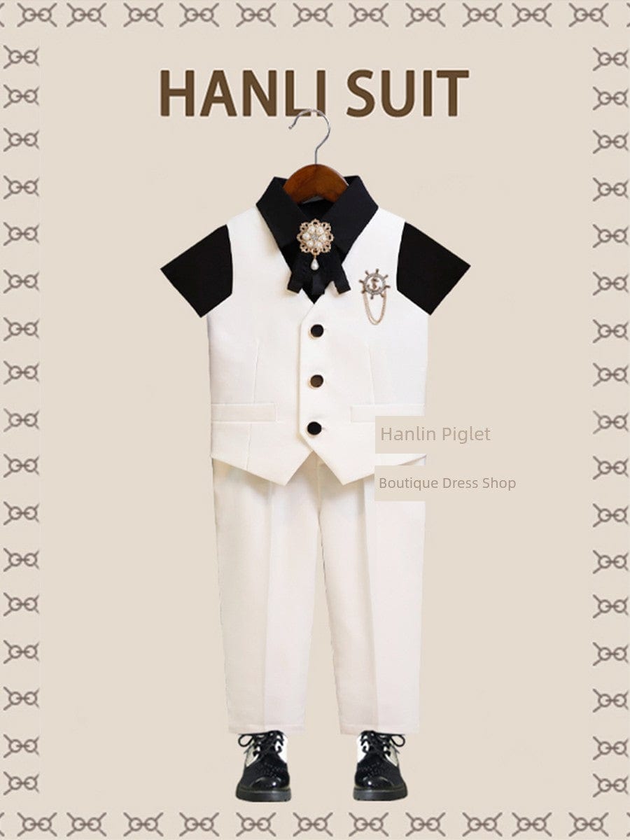 Children's British style Hanlin Piglet suit featuring a charming handsome host costume for kids, with detailed costume elements.