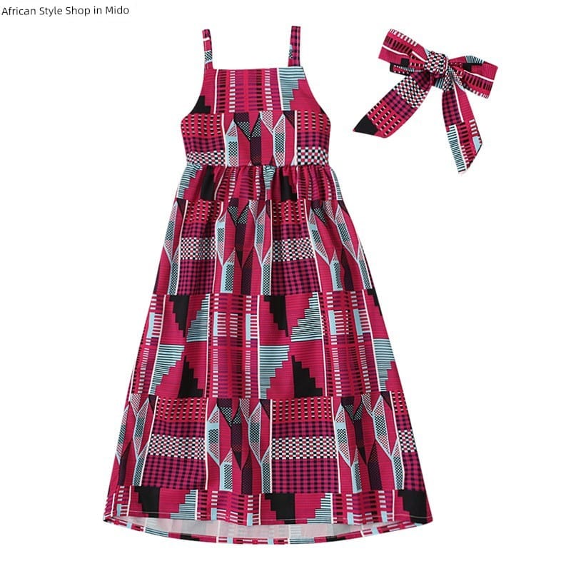 Showlu Girls national style backless summer dress with elastic waistband, featuring vibrant patterns and a comfortable fit.