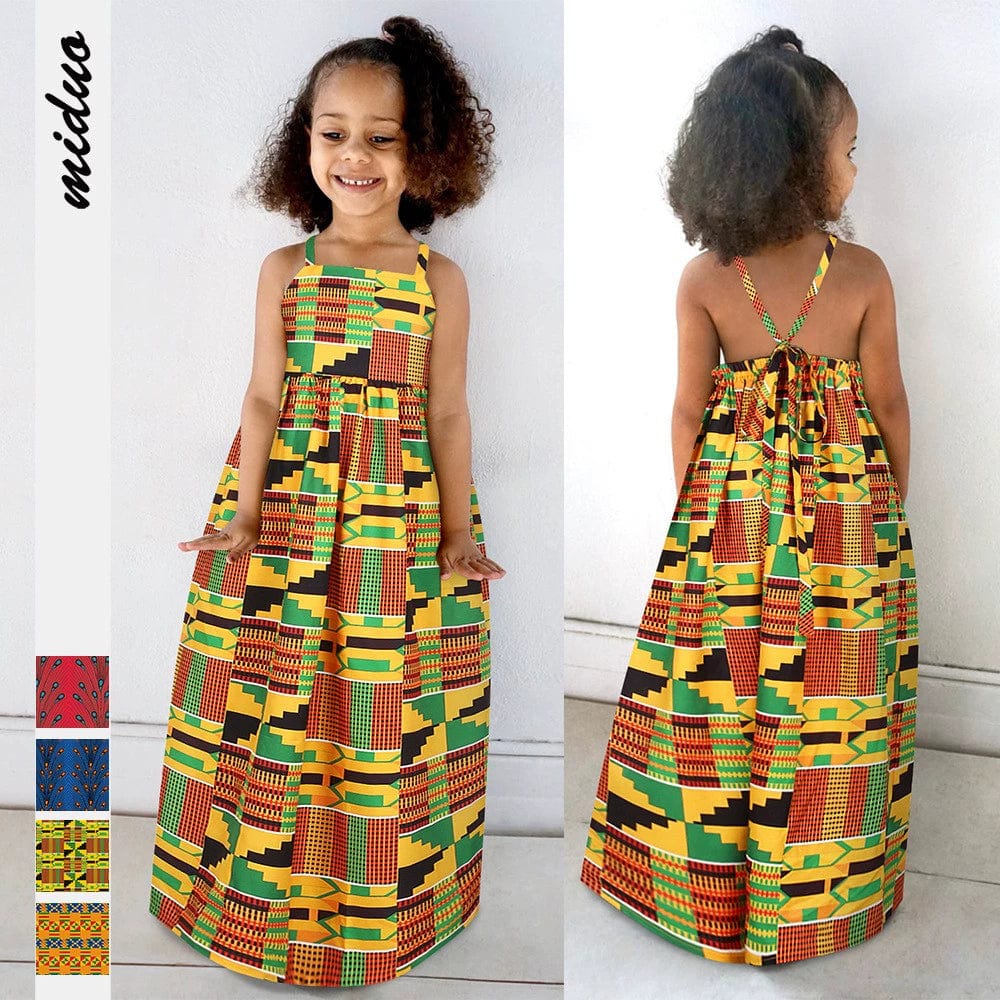 Showlu Girls National Style Backless Dress with elastic waist, suitable for summer, featuring traditional design and vibrant colors.