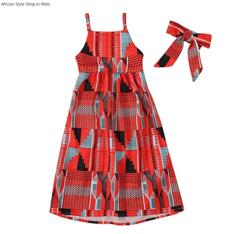 Showlu girls' backless summer dress with elastic waistband, featuring a traditional national style design and colorful pattern.