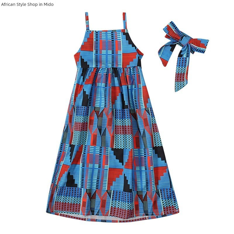 Showlu Girls' backless summer dress with elastic waistband, featuring a vibrant national style design and sleeveless fit.