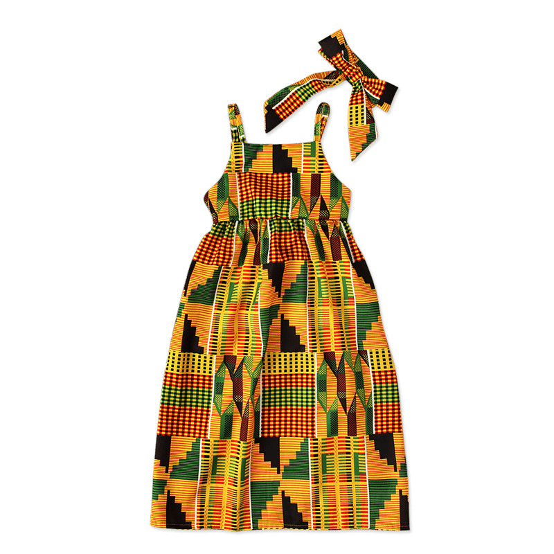 Showlu girls' backless summer dress with elastic waist, featuring a traditional national style design and vibrant colors.