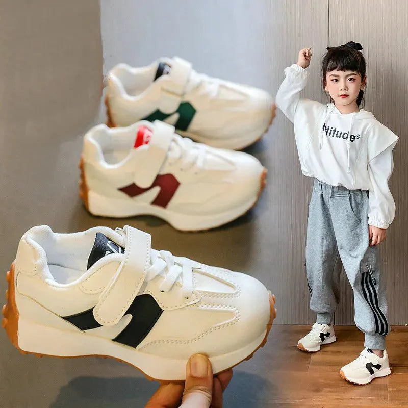 Showlu Kids breathable PU leather sneakers for toddlers in pink, black, and gray, featuring unisex design and comfortable tennis shoe style.