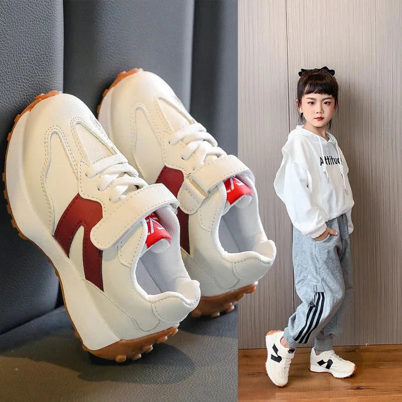 Showlu Kids breathable PU leather sneakers for toddlers, unisex pink, black, and gray tennis shoes with flexible soles.