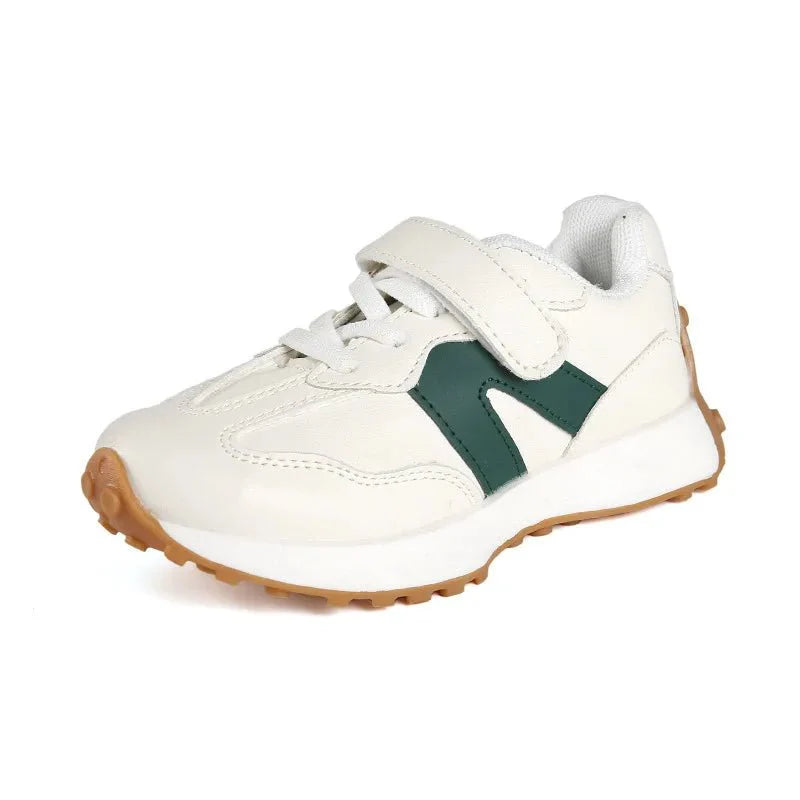 Showlu Kids breathable PU leather sneakers for toddlers, pink, black, and gray unisex tennis shoes with comfortable flat design.