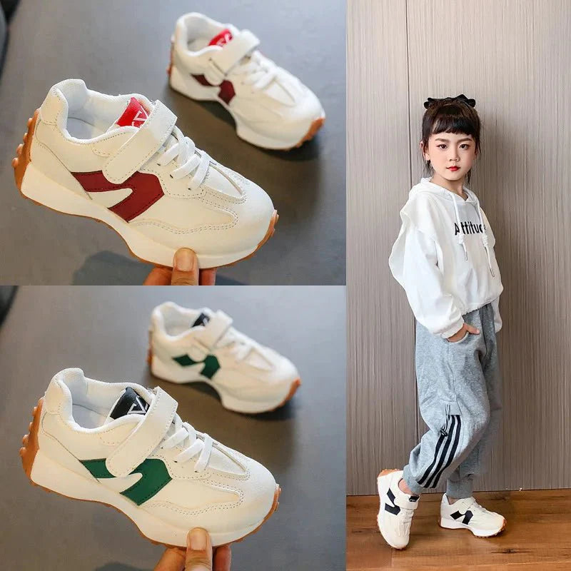 Showlu Kids breathable PU leather sneakers for toddlers, unisex tennis shoes in pink, black, and gray with flexible sole.