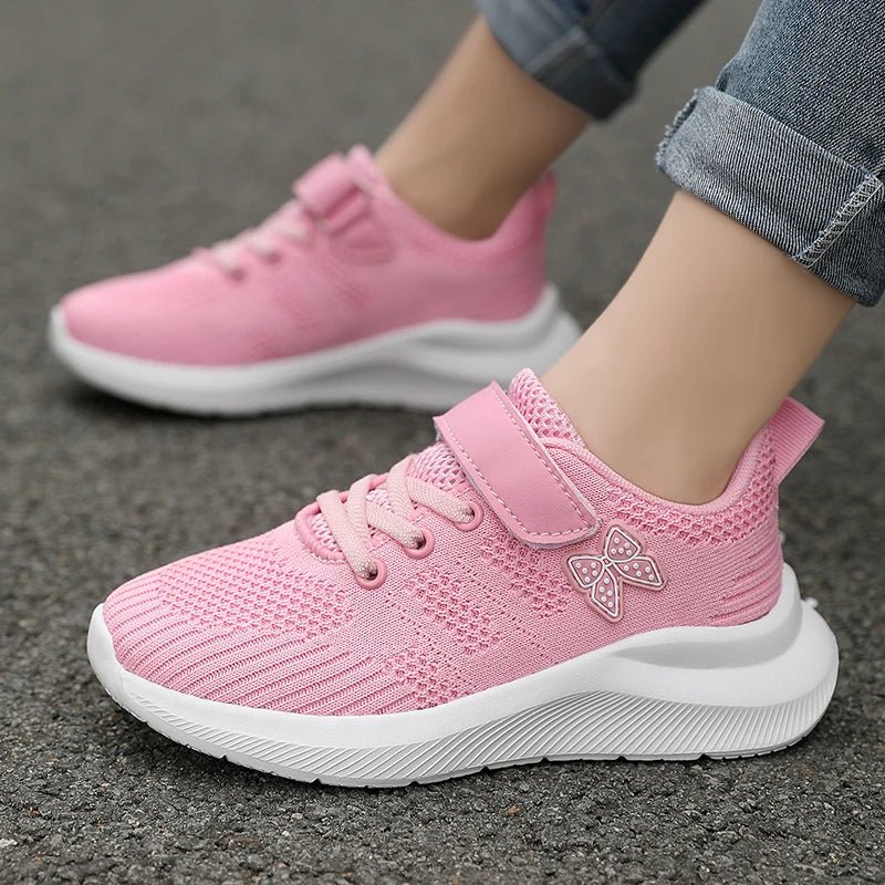 Girls' breathable mesh running shoes by Showlu Fashion, with anti-slip sole and sporty outdoor design for active leisure wear.